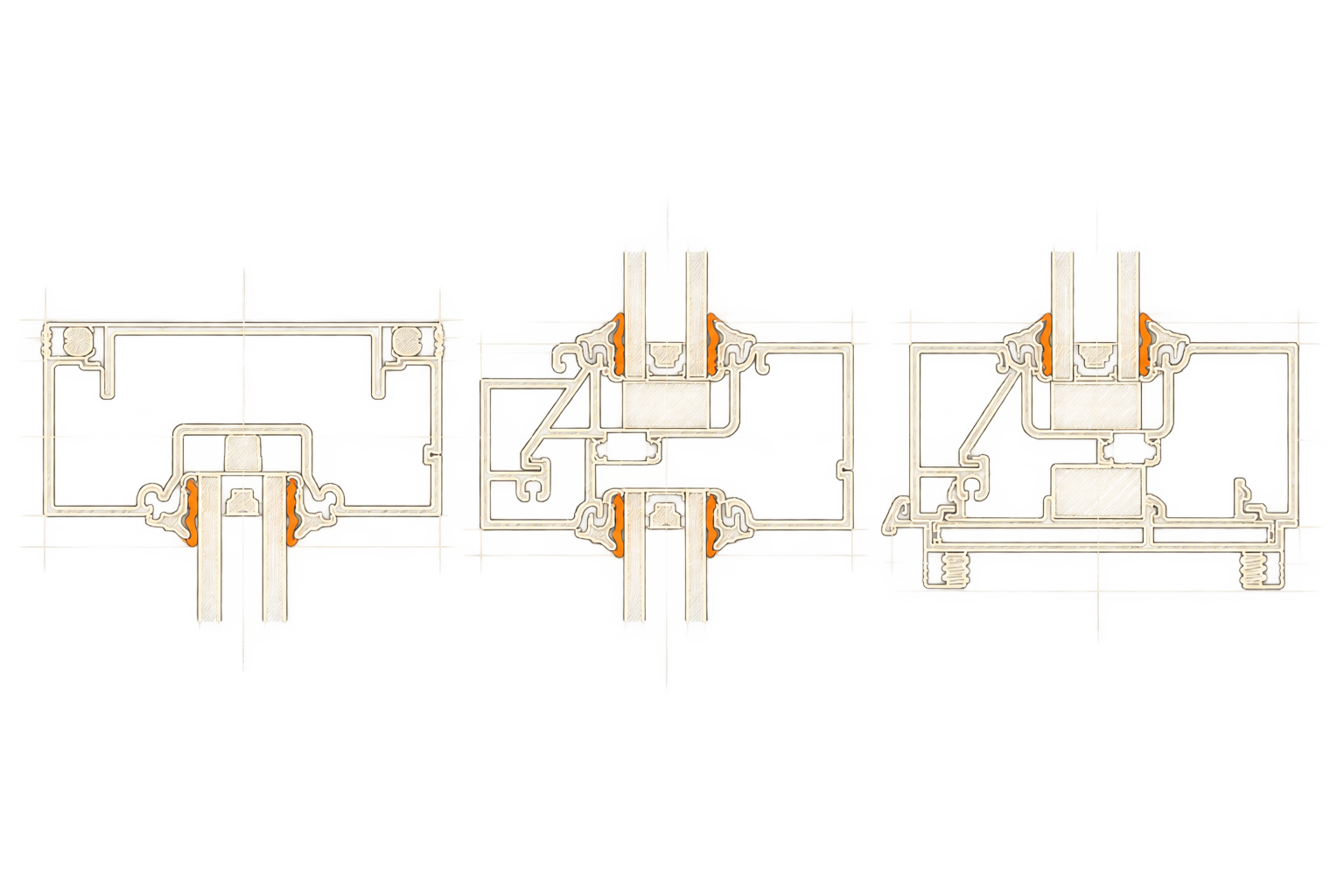 Blueprint-style illustrative studies of storefront framing profiles, glass pockets and gaskets