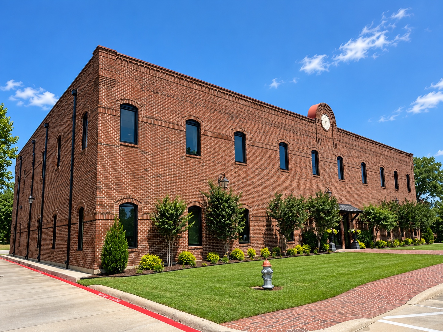Brick commercial building with exterior windows and entrance