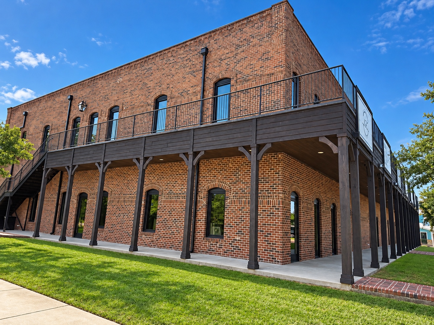 Corner elevation with glazed openings below and above the covered walkway
