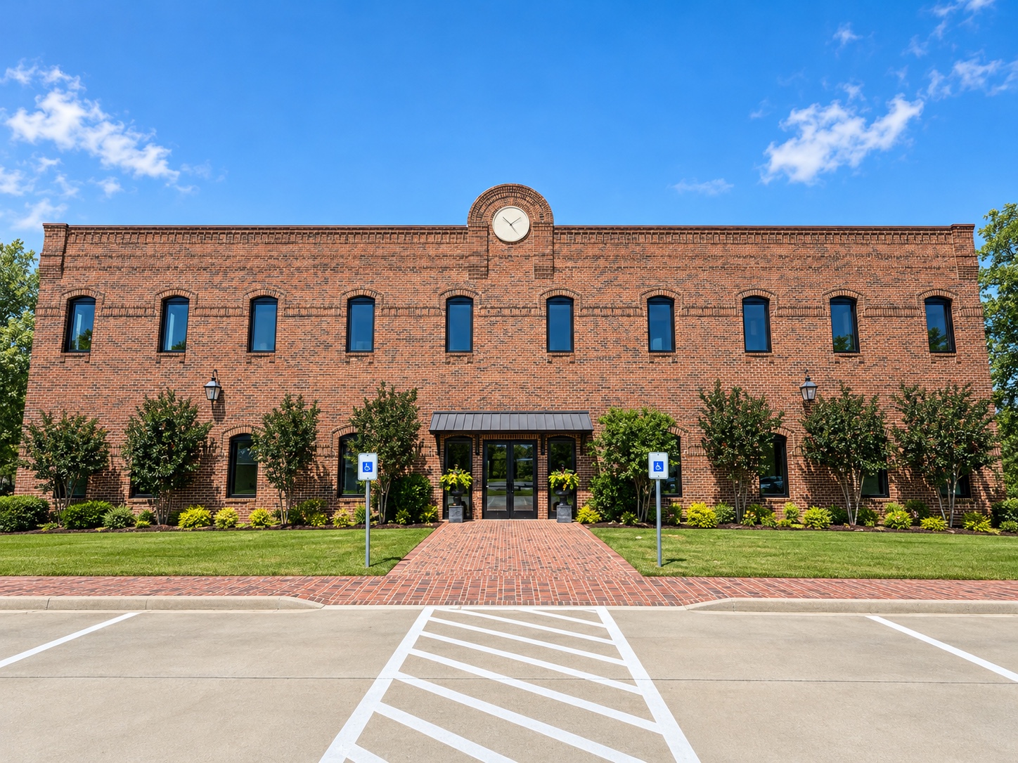 Two-story brick commercial building with storefront glazing and a central entrance