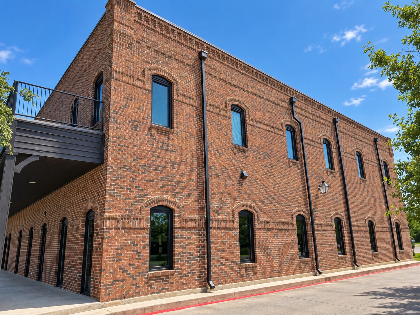 Side elevation showing glazed openings on both floors of the brick commercial building