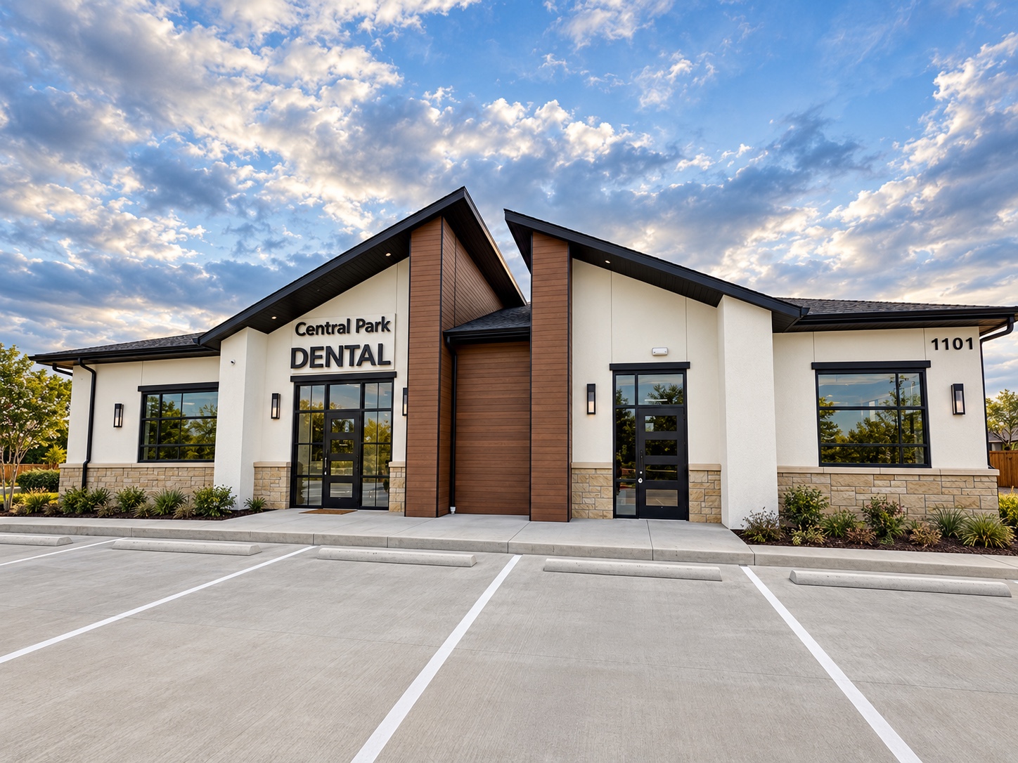 Dental office exterior with glass entrance and windows