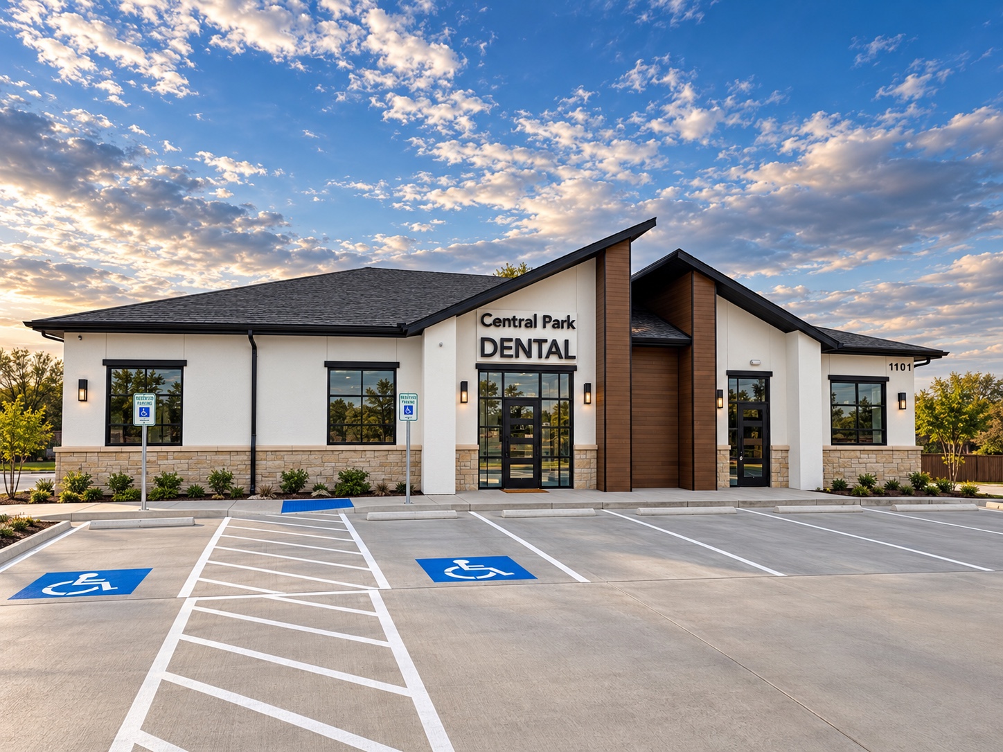 Front elevation of a dental office with commercial glazing
