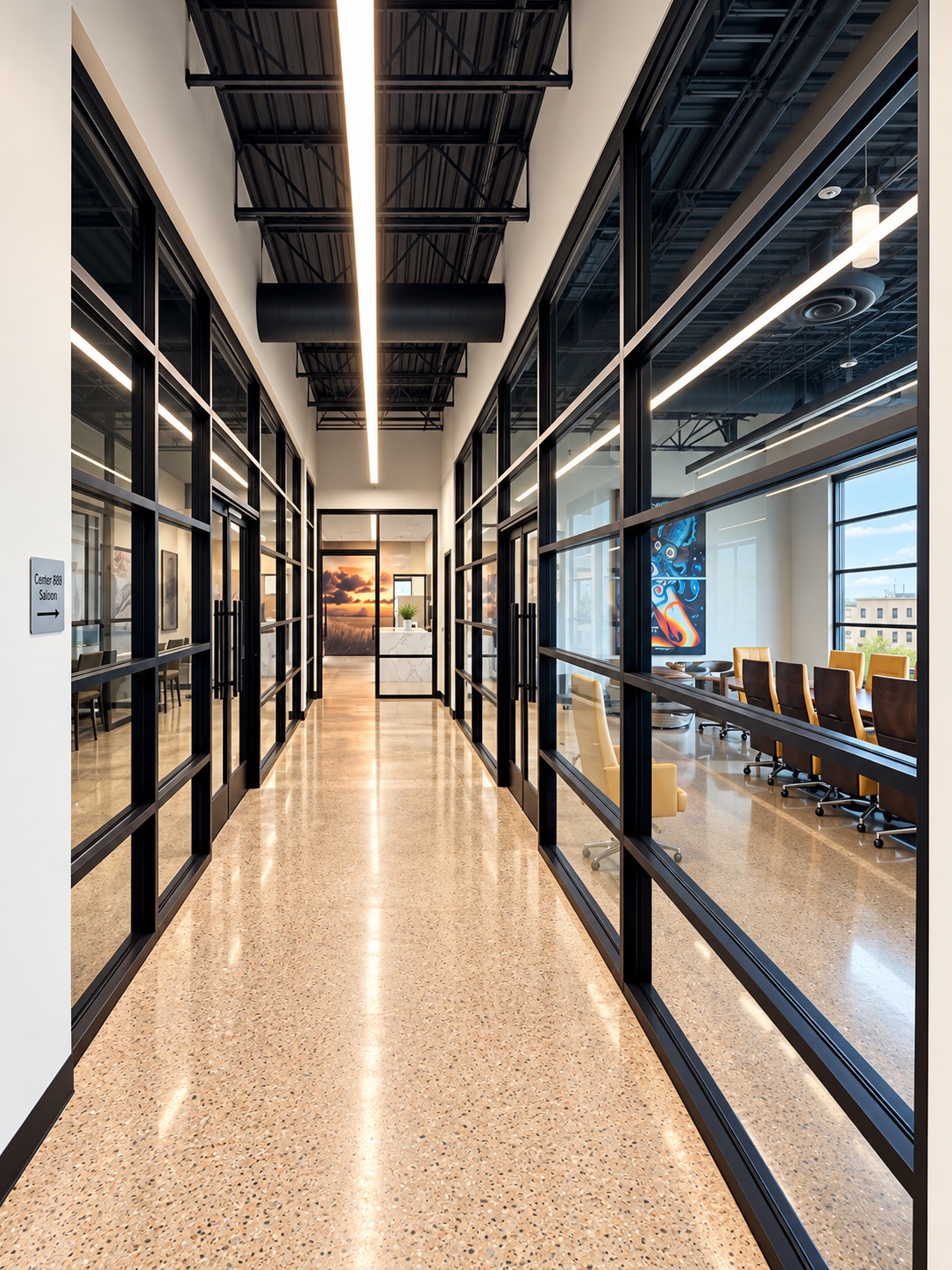 Hicks building hallway with black framed glass office fronts and conference room glazing
