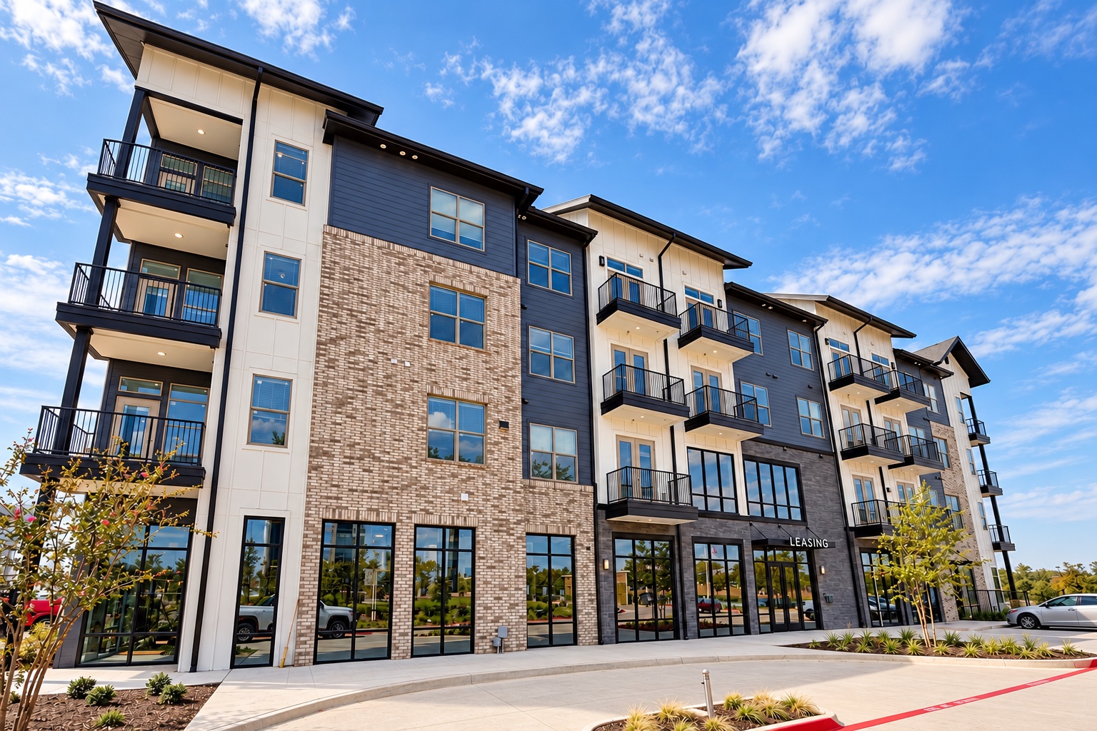 Angled view of multifamily storefront and glass leasing entrances
