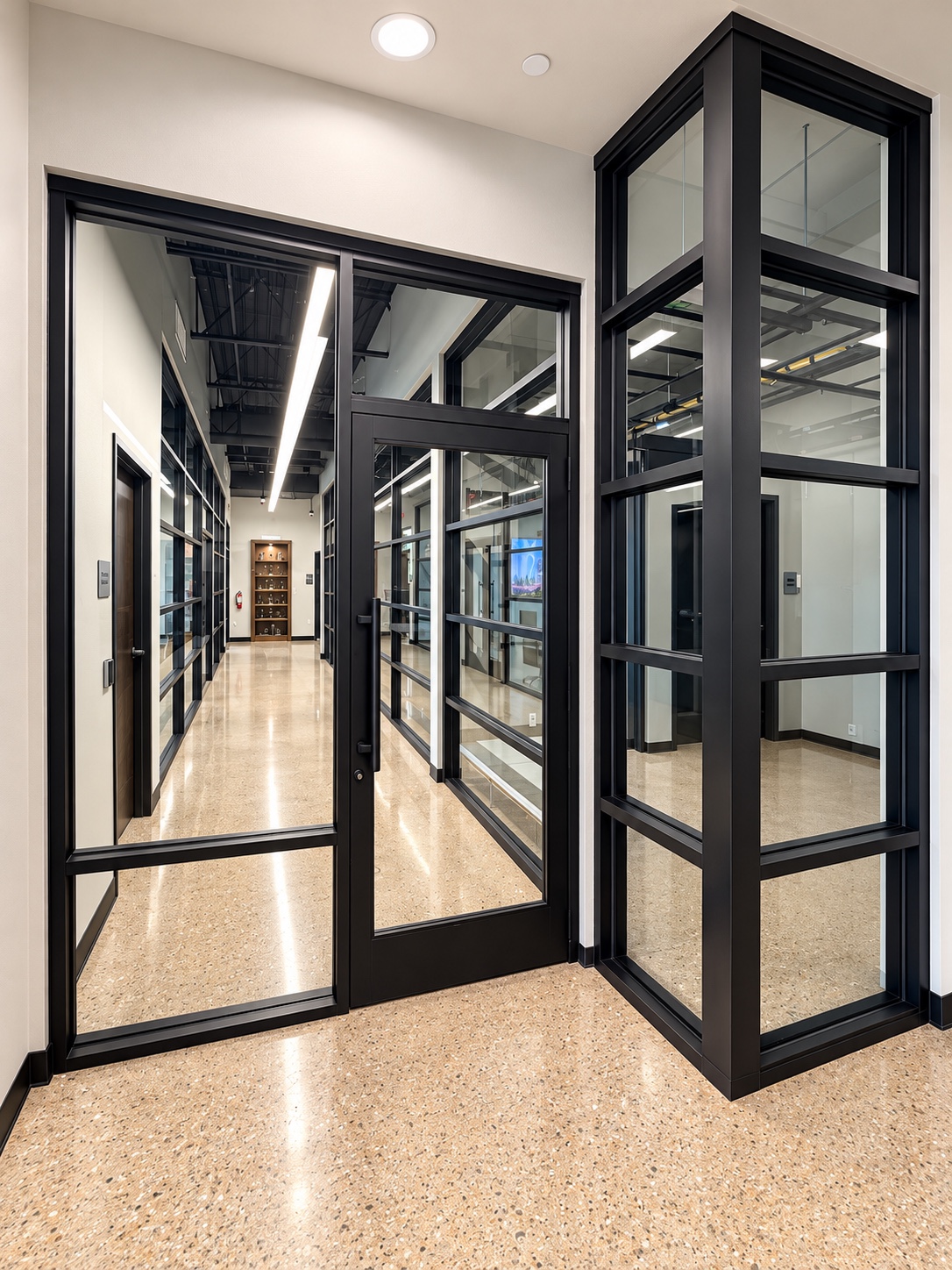 Black framed interior glass entrance and open door