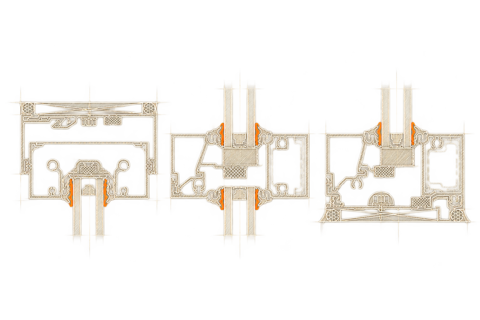 Blueprint-style illustrative studies of the Old Castle 3000 Thermal Multiplane head, intermediate horizontal and sill profiles