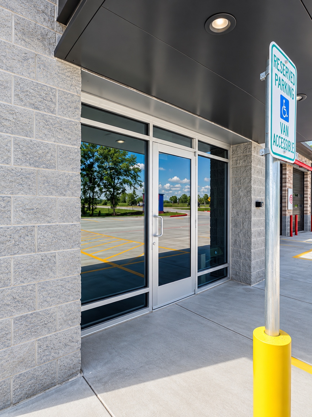 Aluminum framed glass entry doors at a commercial service building