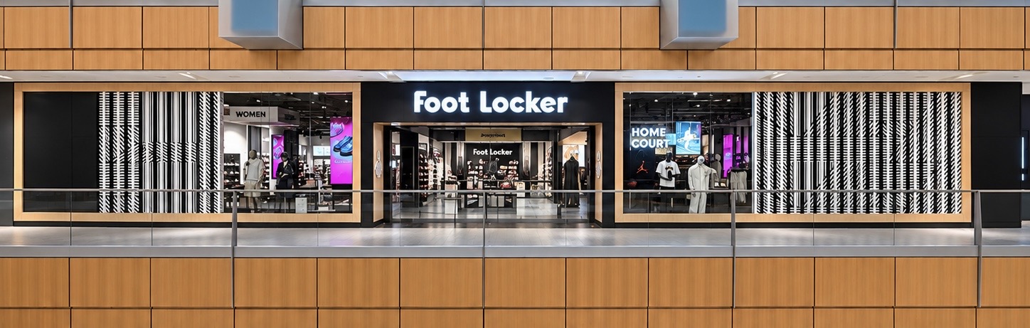 Foot Locker retail storefront with display glazing and coordinated metal details