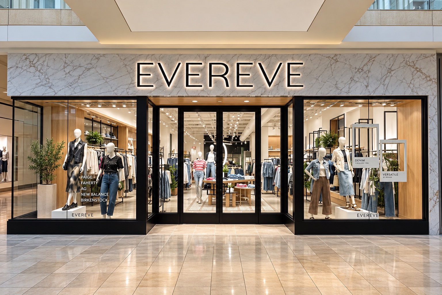 Mall storefront with glass display windows and black brake metal detailing
