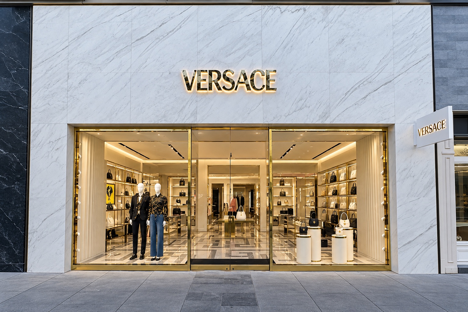 Mall storefront with heavy glass and gold-toned brake metal detailing